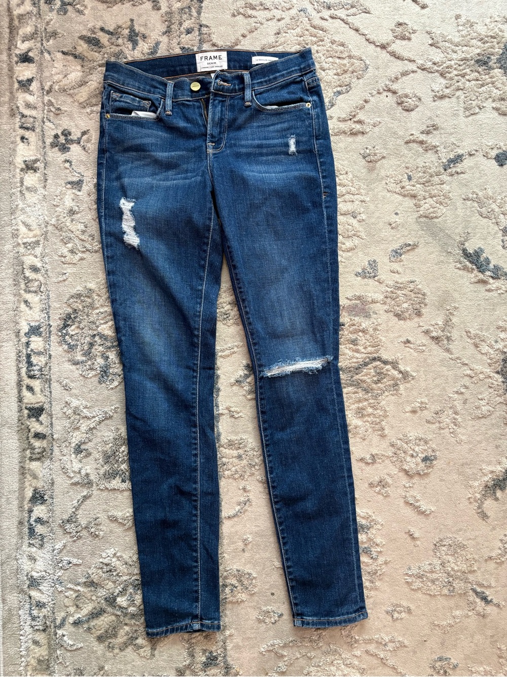 Frame Denim Skinny Jeans in Dark Blue with Distressed Knees